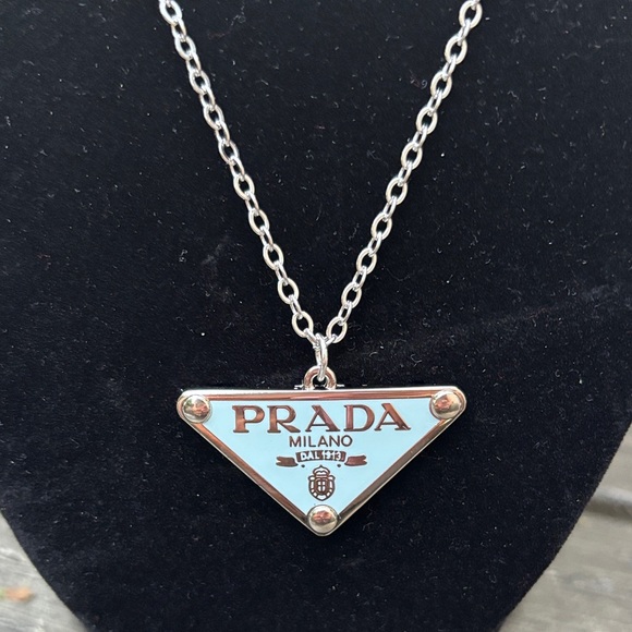 Prada Silver and Tiffany Blue Triangle Pendant Necklace - Picture 5 of 6